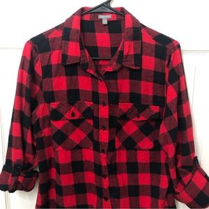 Charlotte Russe Button Up Flannel Shirt Red black Buffalo Plaid Womens Large EUC